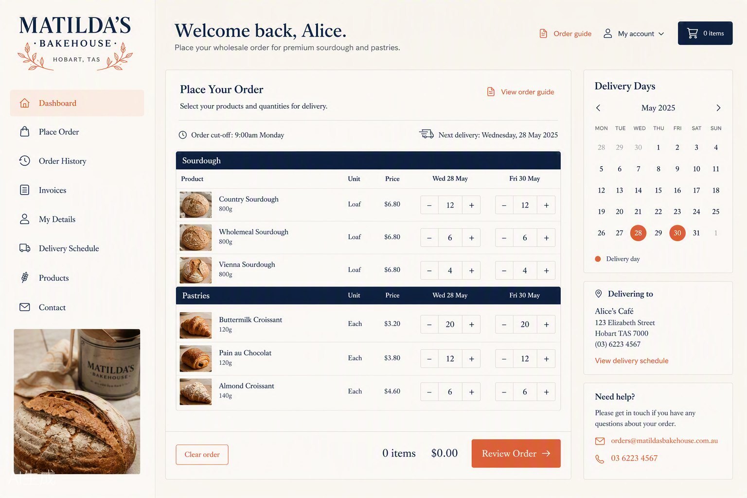 Matilda's Bakehouse wholesale ordering portal